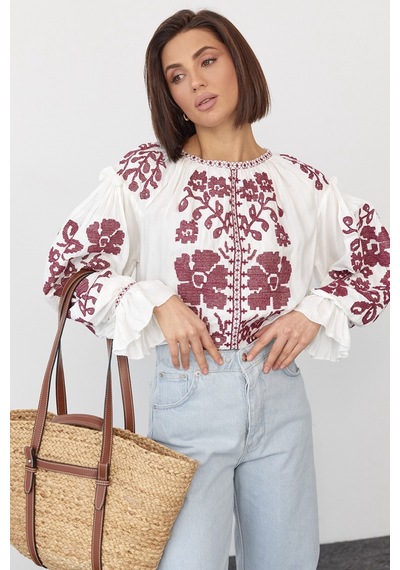 Femelle Kadın Yeni Sezon Komple Çiçek Nakış İşlemeli Tasarım Vintage Bluz Beyaz