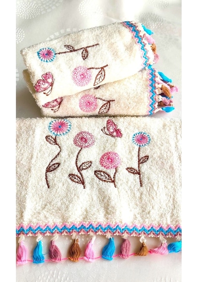 Annem Çeyizlik 50x90 Cm. Bukle Dokulu Yeni Trend Kalp Ve Çiçek Nakışlı El, Yüz Havlusu 3.lü Set krem
