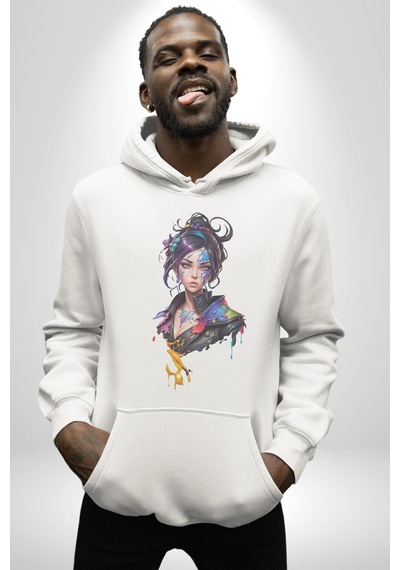 Süper Robot Kız Sulu Boya Kadın Erkek Beyaz Kapüşonlu Sweatshirt Hoodie Beyaz