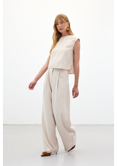 Sateen Geniş Paça Pantolon - Taş-136451 Taş