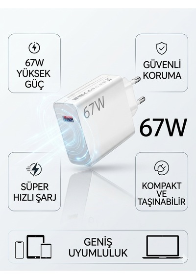 67w Turbo Süper Hızlı Şarj Adaptörü - Beyaz Usb-c Turbo Şarj Cihazı + Dayanıklı Type-c Kablo Seti
