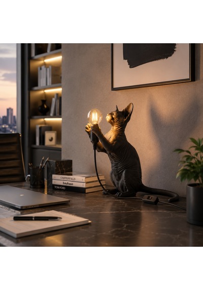 Siyah Sfenks Kedi Tasarımlı Masa Lambası