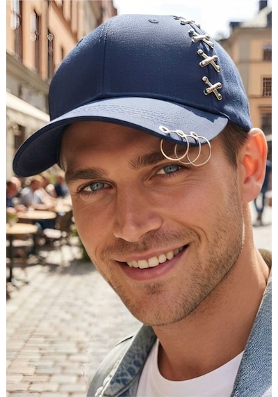 Tezzgelsin Erkek Piercing Halkalı Çapraz Metal Detaylı Özel Tasarım Baseball Cap Streetwear Şapka Lacivert