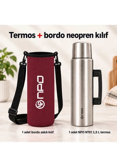 Npo Nt01 2 Katman Vakum Teknolojili 24h Sıcak 48h Soğuk 72h Buzlu Koruma Çelik Termos Bordo Kılıflı
