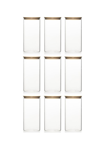 2-3 Bambu Vakumlu Kapaklı Yuvarlak Borosilikat Cam 9lu Kavanoz Seti Saklama Kabı 1300ml 10x20cm Diğer
