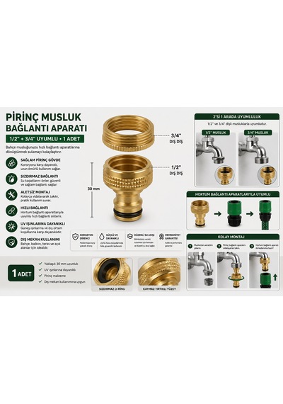 Pirinç Musluk Bağlantı Aparatı 1/2" 3/4" Uyumlu Hortum Adaptörü 1 Adet 3 CM