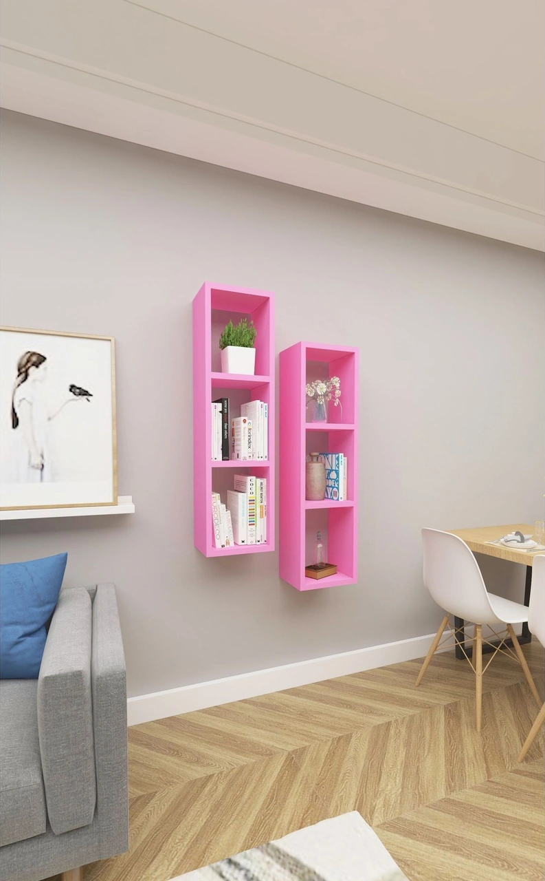 Kitaplık Salon Duvar Rafı Çapraz Ikili Mobilya Takım Pembe Pembe