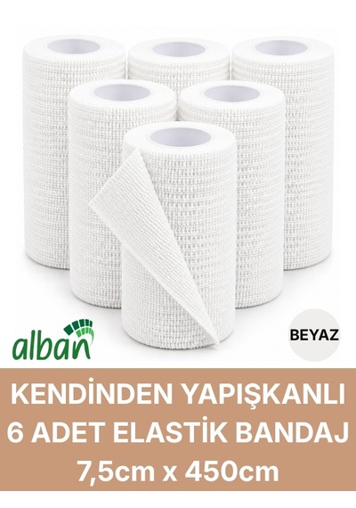 7,5cm 6'lı Set Kendinden Yapışkanlı Elastik Bandaj, Kohesiv Bandaj 7,5cm X 4.5m Spor, Bilek, Ayak Bileği, Veteriner Bandajı Beyaz
