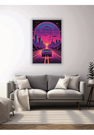 Neon Araba Temalı Cam Tablo