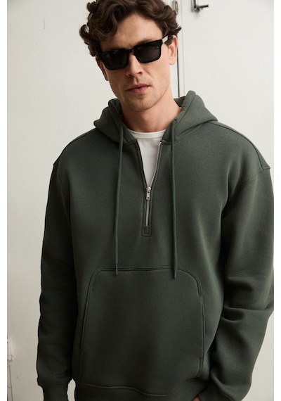 Grimelange Justus Erkek Kapüşonlu Kanguru Cepli Fermuar Yakalı Yeşil Sweatshirt Yeşil