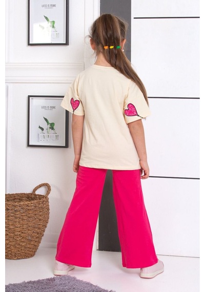 Tunays Shopping İspanyol Paça Tayt Pantolon Kalp Baskılı Oversize Tshirt Kız Çocuk Alt Üst Takım Fuşya