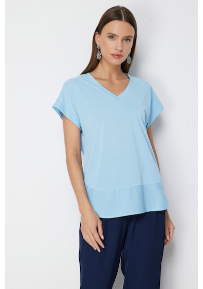 On Kadın V Yaka Parçalı T-shirt 71475 Mavi
