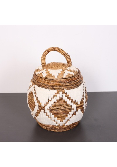 İskit Makrome Ve Doğal Abaka - Kapaklı Sepet 35x34 Cm Bej
