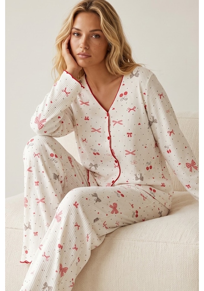 Siyah İnci Yumuşak Tuşe Kışlık Fitilli Pamuklu Örme Düğmeli Hırka Pijama Takım 8073 Leopar Fiyonk
