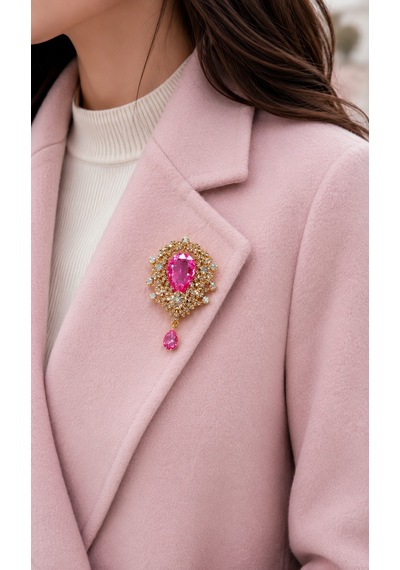 Pembe Damla Taşlı Zirkon Kadın Broşu Gold Renk Şık Tasarım Hediye Yaka Aksesuarı Açık Gri
