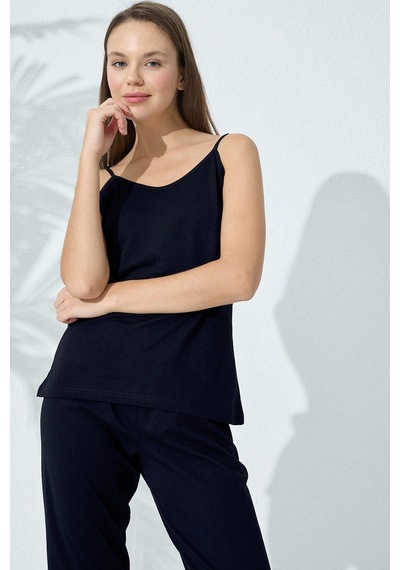 Siyah İnci Pamuklu Ip Askılı Dantelli Pijama Takım Lacivert
