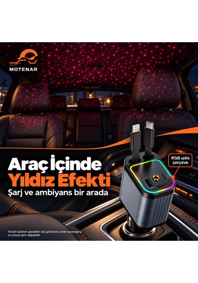 Motenar 4ü 1 Arada Makaralı Araç Şarj Cihazı Type-c Lightning