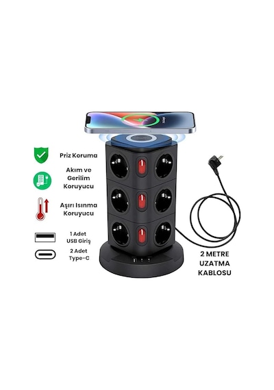 Kule Tipi 12 Li Çoklu Priz 3 Usb Hızlı Şarj Anahtarlı Akım Korumalı Masa Üstü Tower Priz 2 m