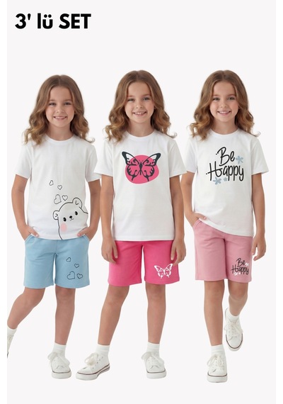 Panios Kids 3'lü Yazlık Yuvarlak Yakalı Baskı Detaylı Kaprili 6 Parça Kız Çocuk Alt Üst Takım Mavi - Pembe
