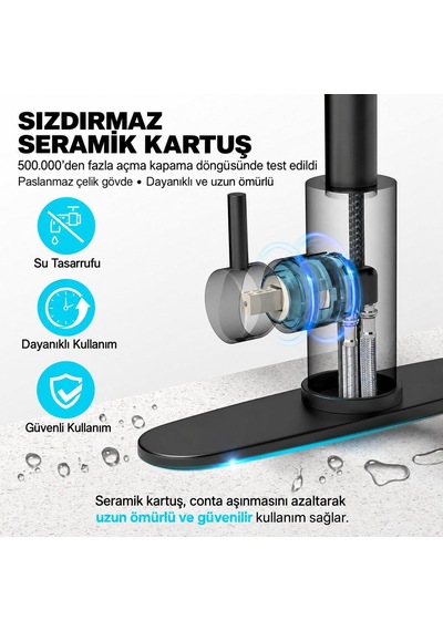 Valkyrie Çekilebilir Şelale Akışlı Mutfak Bataryası 3 Fonksiyonlu 360 Döner Siyah