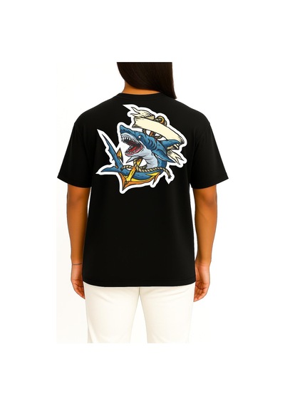 Bahriyeli Collection Oversize Köpekbalığı Ve Çapa Göğüs Ve Sırt Baskılı Unisex T-shirt Siyah