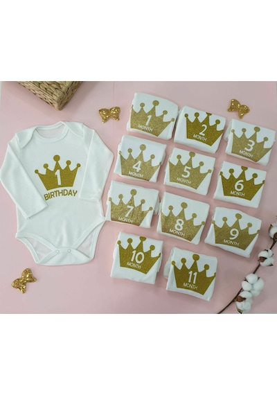 Papyon Baby Kids Kral Taçlı 0-12 Ay 12'li Badi Zıbın Seti Çıtçıtlı Badi Set Altın