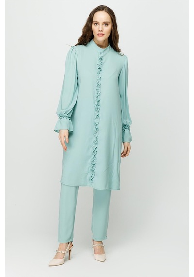 Esswaap Önü Ve Koları Büzdürme Detaylı Pantolon Tunik Takım Mint-mint Mint Yeşili