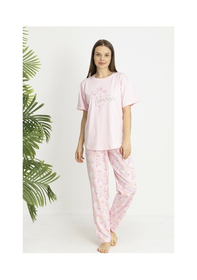 Estiva Kadın Flora Alt Desenli Pembe Penye Lycra Kısa Kollu Pijama Takımı Çok renkli