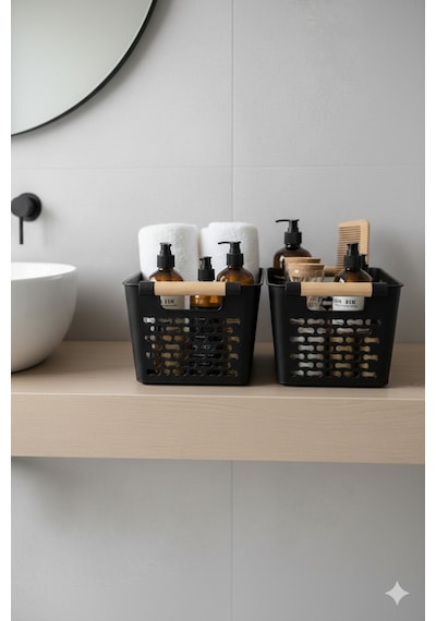 İndecor Houseware 2 Adet Çok Amaçlı Plastik Tutacaklı Organizer Sepet Dolap İçi Çekmece Düzenleyici - Siyah