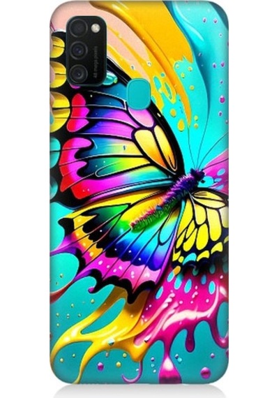 Samsung Galaxy M21 Uyumlu Renkli Boya Ve Kelebek Desenli Silikon Kılıf