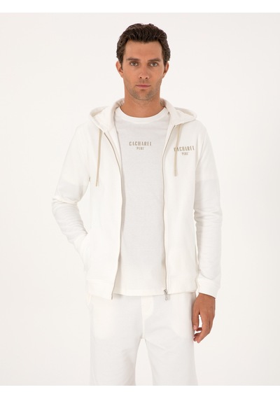 Ekru Regular Fit %100 Pamuk Tam Fermuarlı Kapüşonlu Sweatshirt Bej