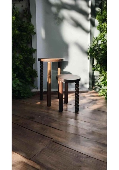 Ahşap 2 Li Set Mantar Yan Sehpa Fiskos Modern Ceviz Renk Kahverengi