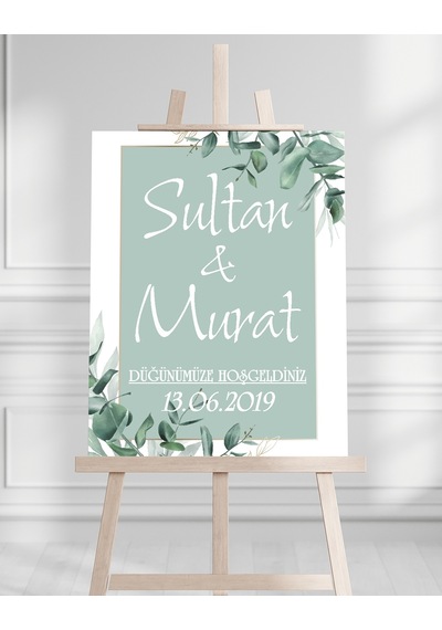 Söz Nişan Düğün İçin 50x70 Karşılama Panosu - Yeşil Yaprak Tasarımlı 004 Beyaz