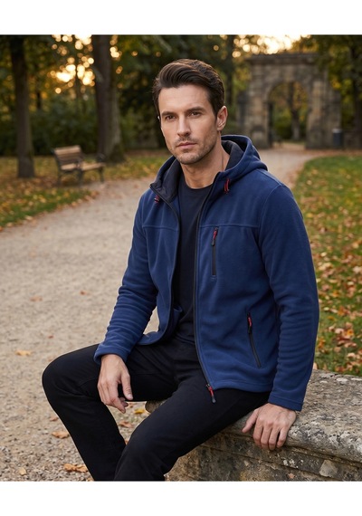 Luxıc Core Erkek Kapüşonlu İndigo Lacivert Polar 3 Cepli Fermuarlı Sıcak Tutan Kışlık Outdoor Hoodie Günlük Stilpro