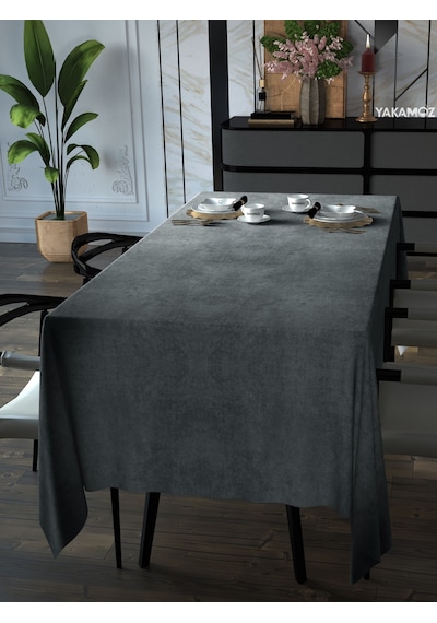 Gümüş Grisi Kadife Dokulu Masa Örtüsü Dertsiz Velvet Touch Serisi Gümüş Grisi