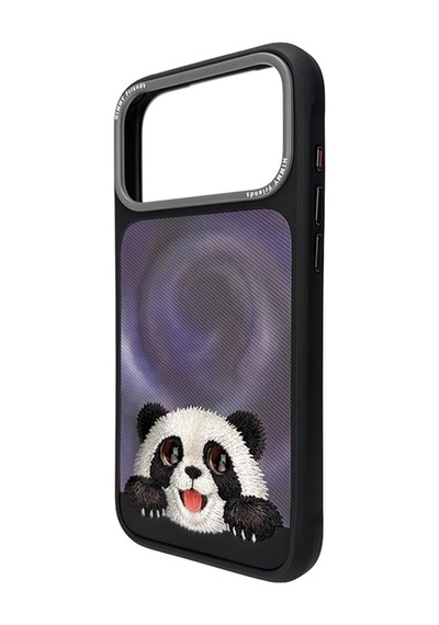 Panda İphone 18 Pro Max Uyumlu Magsafe Kılıf Gerçek Nakış İşlemeli, Takip Eden Gözlü Siyah