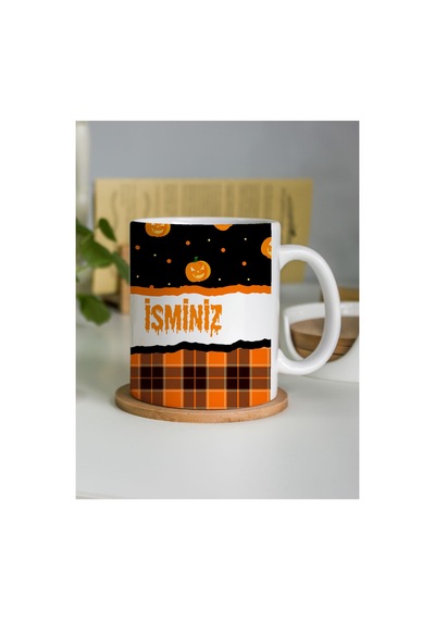 Kişiselleştirilebilir İsme Özel Kupa Bardak - Cadılar Bayramı Balkabağı Ve Turuncu Ekose Tasarımlı H Çok Renkli - 876080155 Çok Renkli - 876080155 Çok Renkli