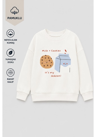 Monila Kız Çocuk 3 İplik Kumaş Pamuklu Kurabiye Baskılı Sweatshirt Ekru