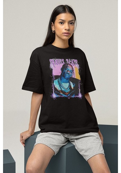 Şarkıcı Travis Scott Baskılı Unisex Oversize Rapper Tişört Siyah