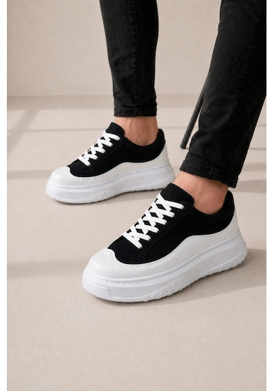 Mevese Ventoy Erkek Bağcıklı Cilt Günlük Sneaker Ayakkabı Siyah Beyaz