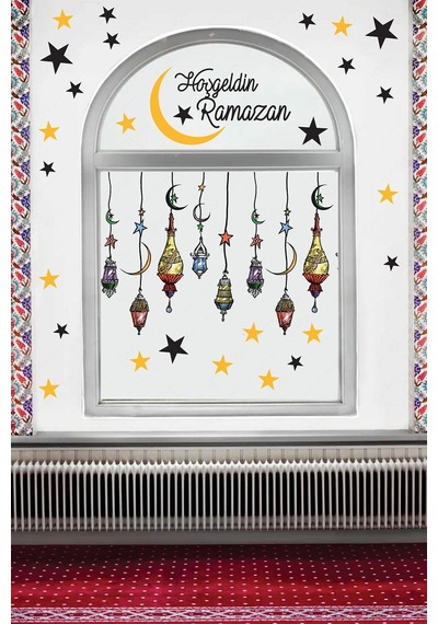 Hoşgeldin Ramazan Renkli Fener Sarkıt Cam Duvar Dekorasyon Sticker Seti Çok Renkli