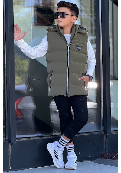 Pina Kids Erkek Çocuk Çıtçıt Kapüşonlu Nova Kumaş Şişme Yelek Ylk3026 Haki