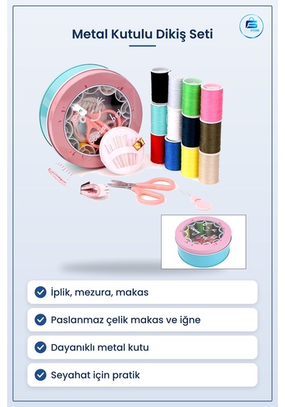 Dikiş Makinesi Aksesuarı Metal Kutulu Set İplik Mezura Tekstil Ma