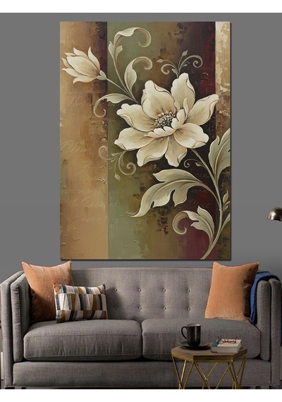 Ahşap Tablo Tek Beyaz Çiçek Art Deco Fon