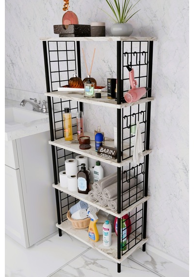 5 Raflı Çevir-kur Raf Ünitesi Telli Metal Gövdeli Organizer Banyo, Mutfak, Balkon, Antre Uyumlu Beyaz Mermer