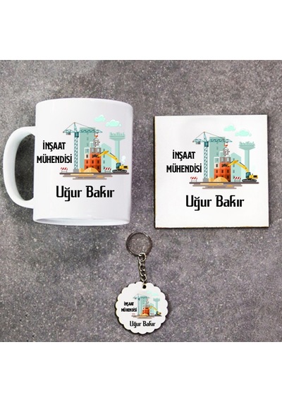 Inşaat Mühendisi Hediye Seti Kupa Bardak+Altlık+Anahtarlık