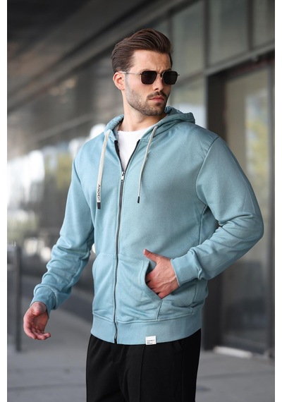 Madmext Soluk Mavi Fermuarlı Kapüşonlu Sweatshirt 6161 Mavi