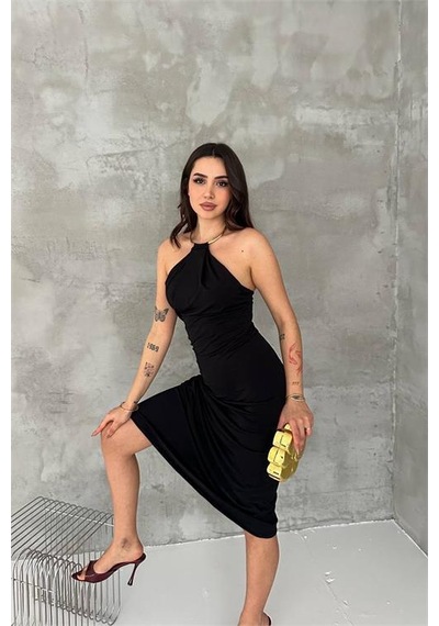 Neşeli Butik Kadın Siyah Sırt Dekolteli Metal Yaka Midi Elbise Nbk4543 Siyah