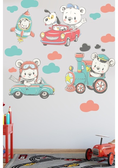 Sevimli Ayıcıklar Ve Araçlar Çocuk Odası Duvar Sticker Seti