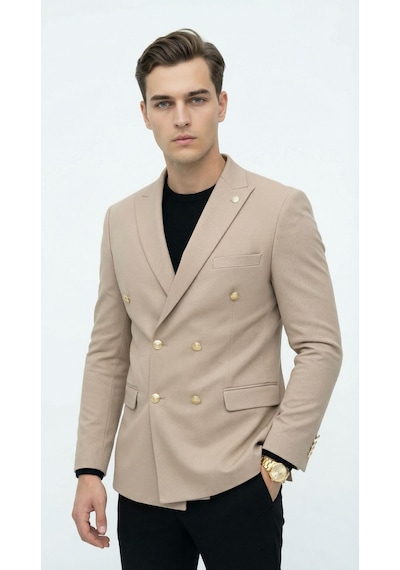 Plus Scorpion Erkek Kruvaze Blazer Ceket Slim Fit Premium Dokulu Şık Klasik Ceket Bej